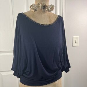 Anthropologie Beaded Navy Cold shoulder Top Short Sleeve Lightweight EUC M
